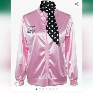 1950s Pink Satin Jacket Neck Scarf Sandy Halloween Costume Pink Ladies SMALL